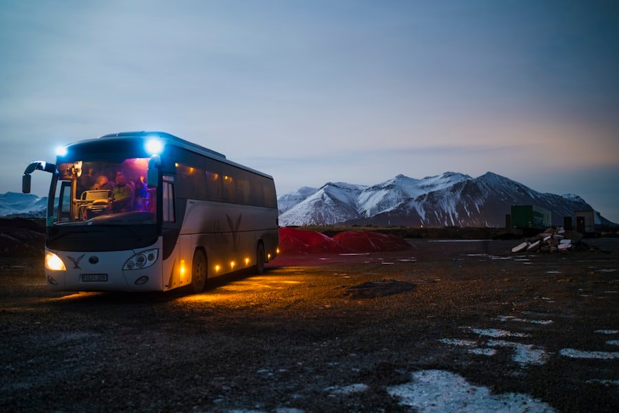 A traveller's journey underway at dusk